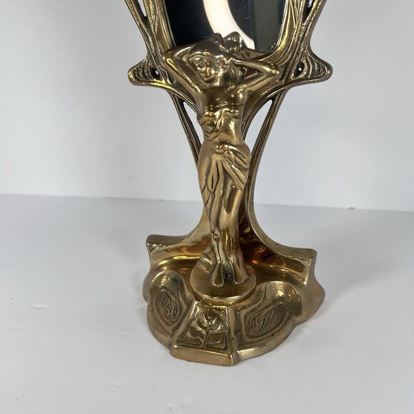 hand held Mirror Stand with Lady Figurine Nouveau cast Brass 11- 7/8" tall - Picture 5 of 15